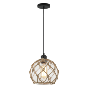 Brightstar PEN846 BLACK Metal Pendant with Clear Glass and Rope Matt Black