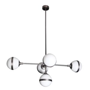 K Light DL-KLCH-9252L/5 5 Light Large Art Deco Pendant Matt Gun Metal with Opal White Glasses