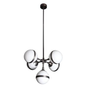 K Light DL-KLCH-9252S/5 5 Light Small Art Deco Pendant Matt Gun Metal with Opal White Glasses