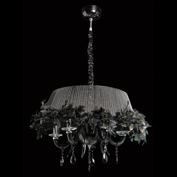 K Light U-KLCH-9181-5/BL Black Glass Arm Feather Shade Chandelier with Crystals