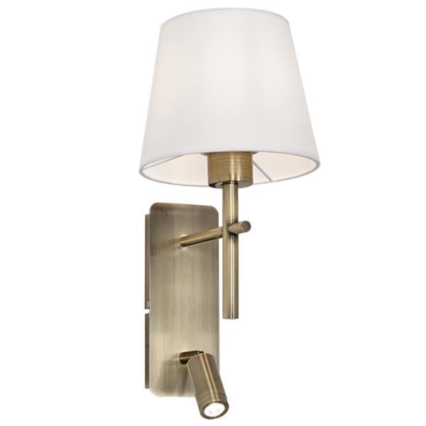 Brightstar WB280 ANTIQUE Metal Wall Bracket with White Fabric Shade and 2 Switches