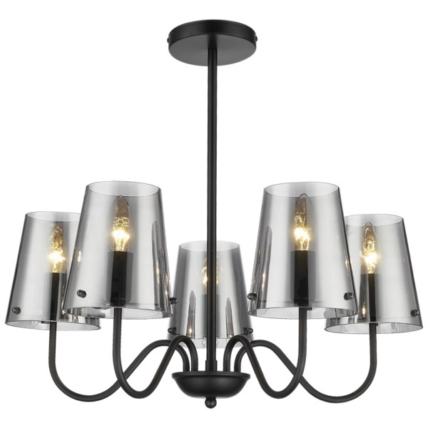 Brightstar CH899/5 MATT BLACK Metal Chandelier with Smoky Glass