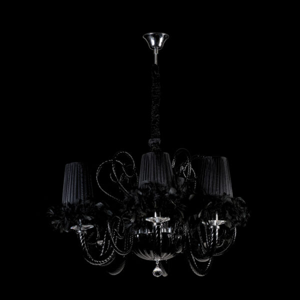 K Light U-KLCH-5757-5/B Black Glass Arm Chandelier with Feather Trimmed Shades