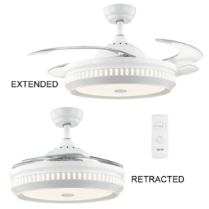 Brightstar FCF062 WHITE Metal Ceiling Fan with 4 Retractable ABS Blades and Blue Tooth Speaker