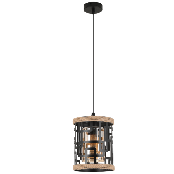 Brightstar PEN938 BLACK Metal Pendant with Rope and Amber Inner Glass