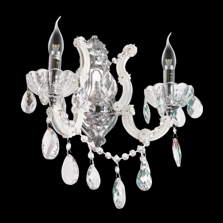 K Light KLW-8061/2  2 Arm White Glass and Crystal Wall Light