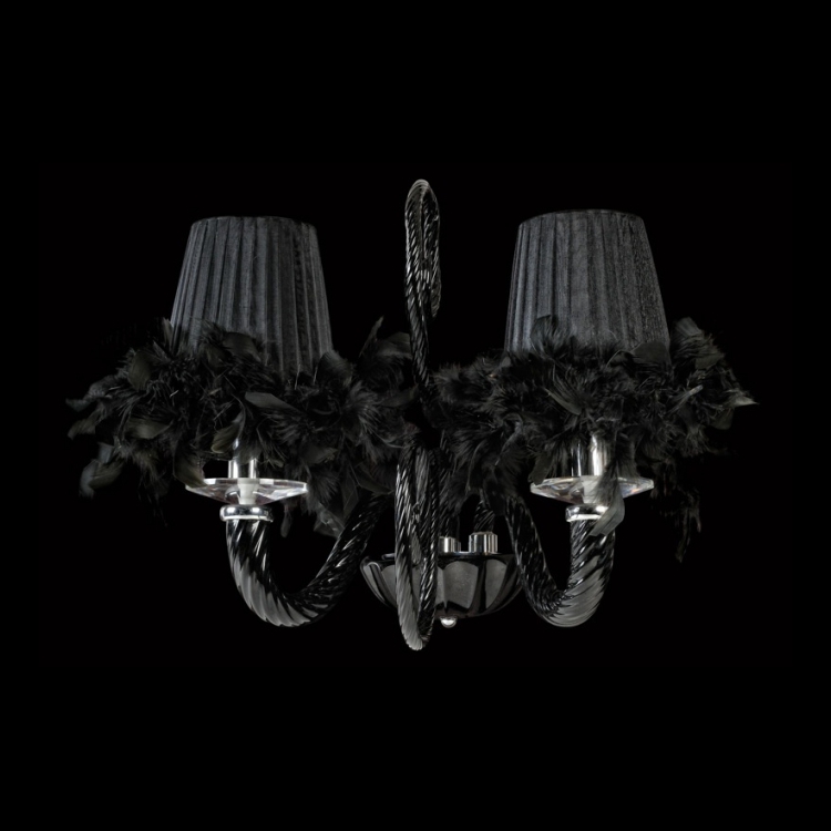 K Light U-KLW-5757-2/BL Black Glass Arm Wall Light with Feather Trimmed Shades