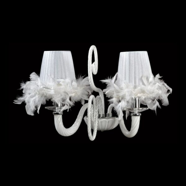 K Light U-KLW-5757-2/WH Black Glass Arm Wall Light with Feather Trimmed Shades