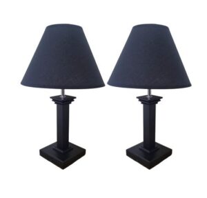 Litex Lamps TL2608 BK Black Square Column Table Lamp with Black Fabric Lampshade Twinpack