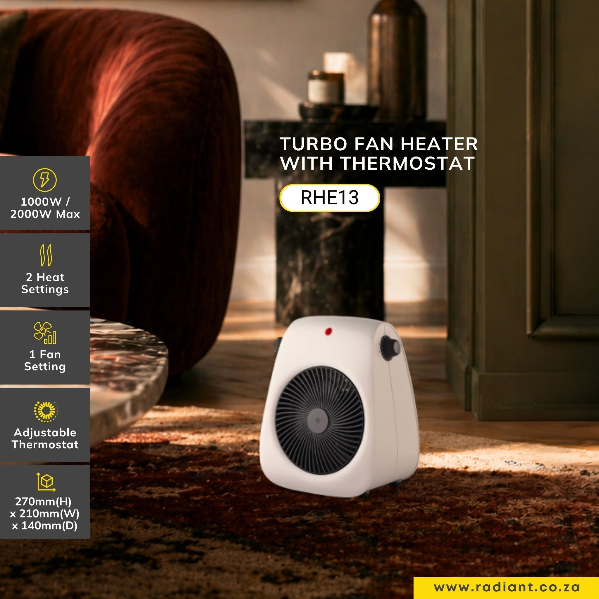 Radiant RHE13 Turbo Fan Heater with Thermostat 2000W - Image 2