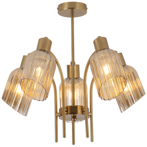 Brightstar CH713/5 GOLD Metal Chandelier with Amber Fluted Glass