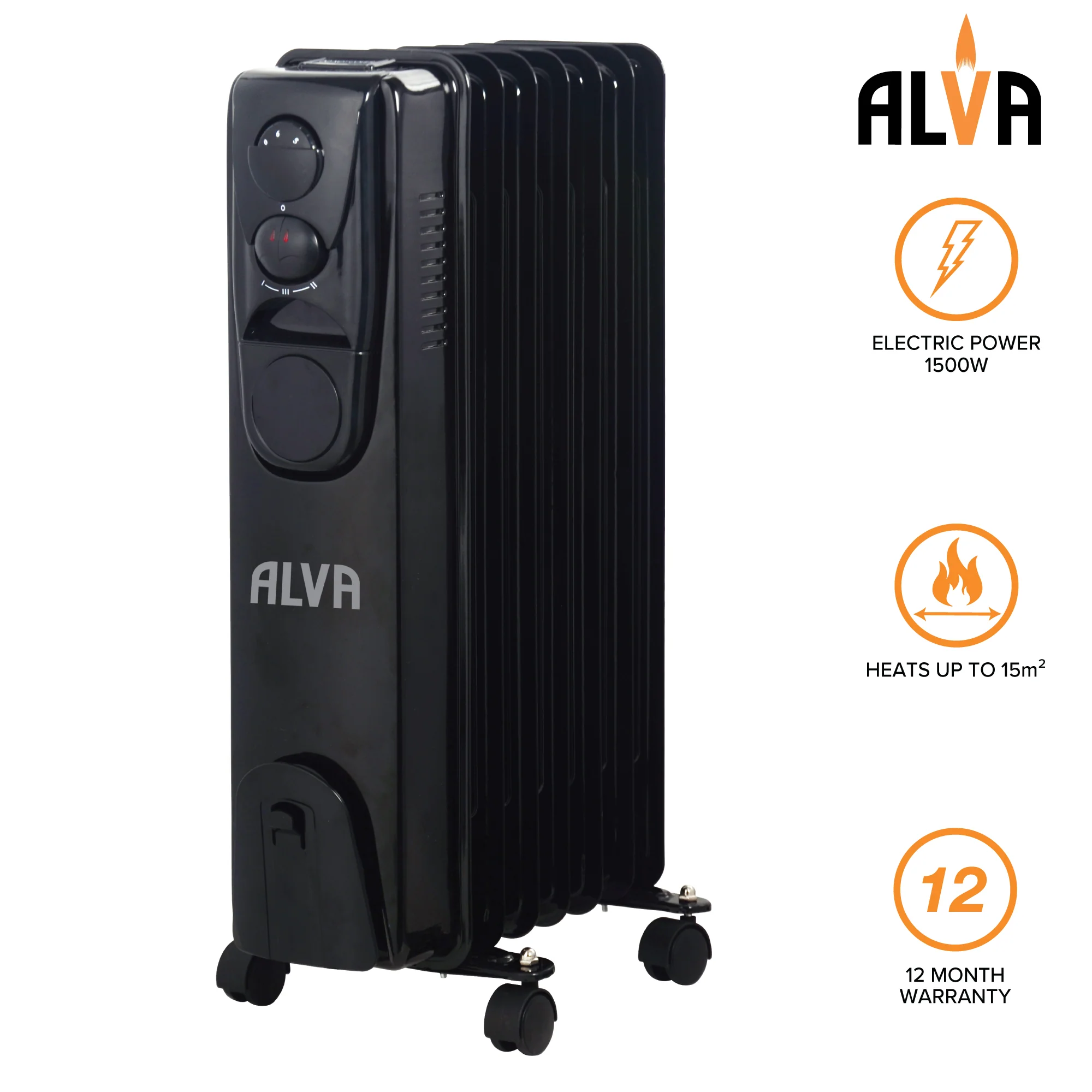 ALVA AOH201-7 Fins 1500W Oil Filled Heater Glossy Black - No Timer - Image 3