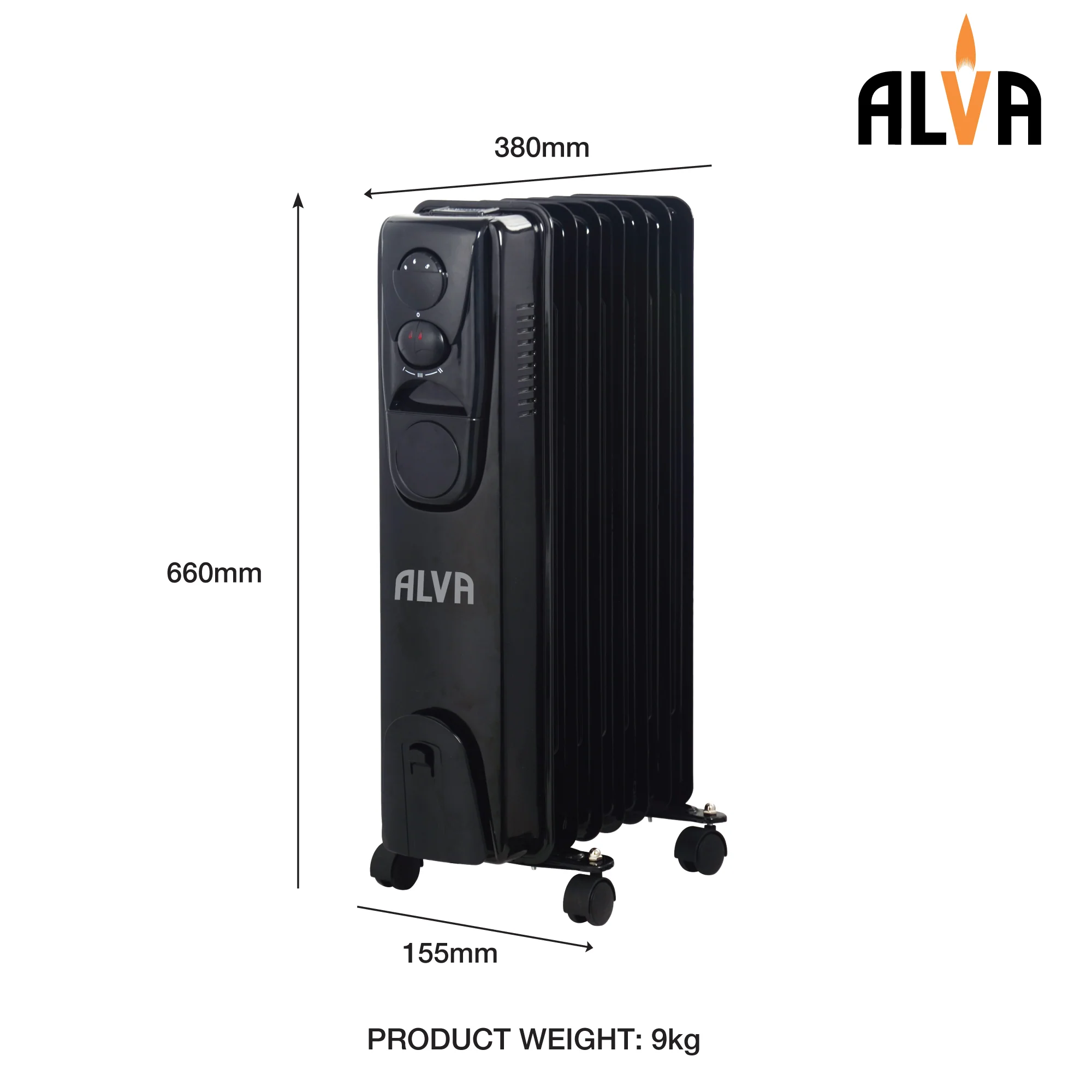 ALVA AOH201-7 Fins 1500W Oil Filled Heater Glossy Black - No Timer - Image 5