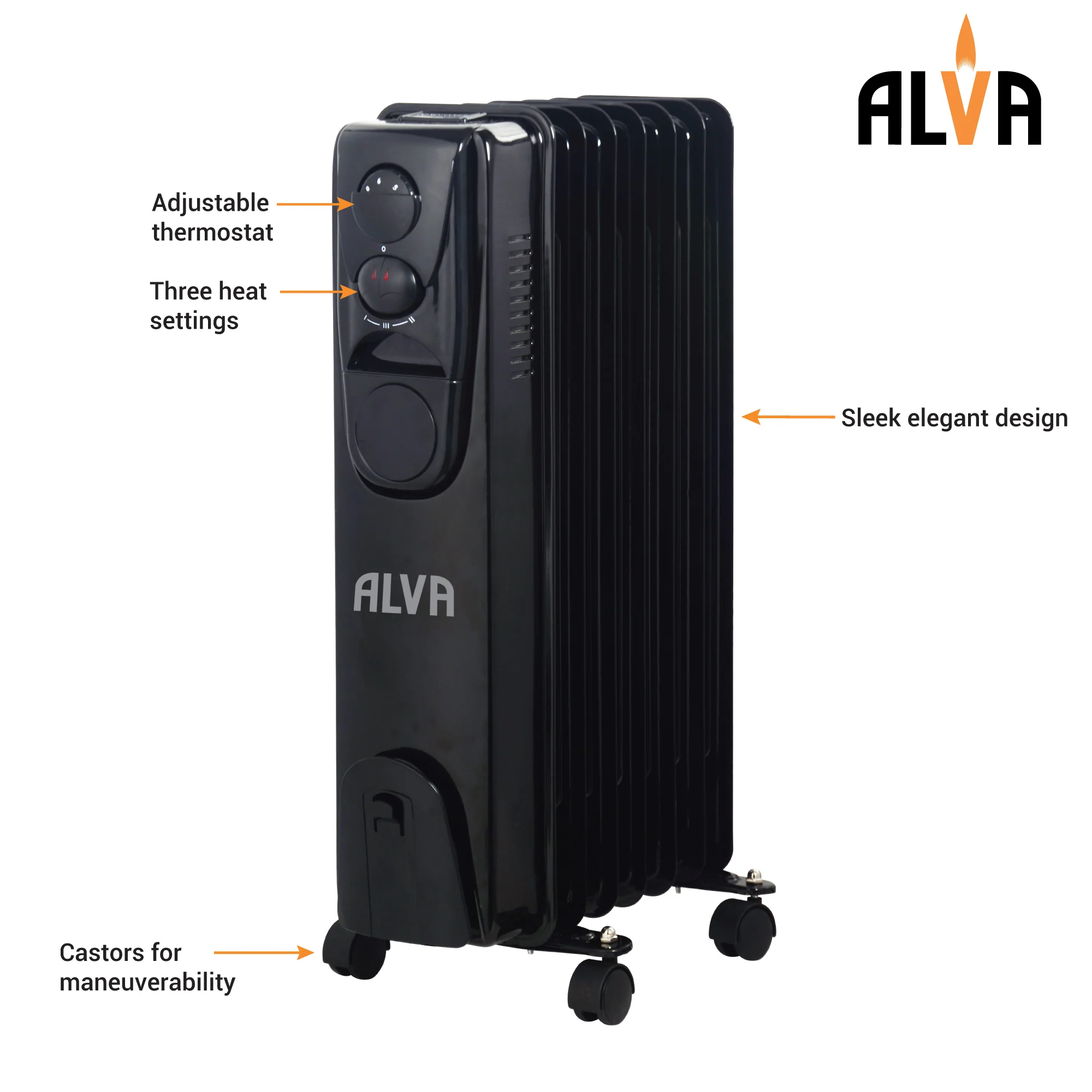ALVA AOH201-7 Fins 1500W Oil Filled Heater Glossy Black - No Timer - Image 4