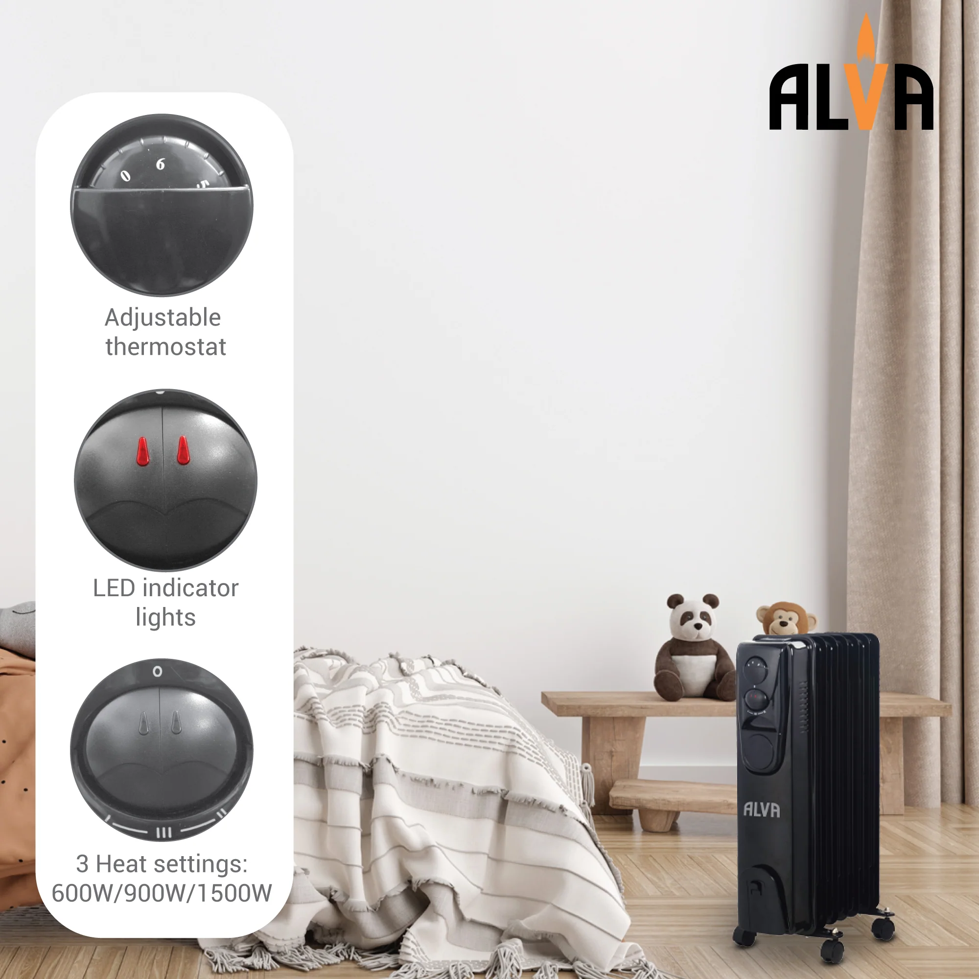 ALVA AOH201-7 Fins 1500W Oil Filled Heater Glossy Black - No Timer - Image 6