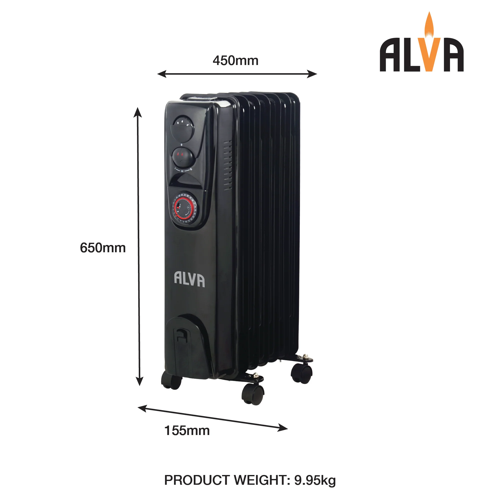 ALVA AOH202-11 Fins 2500W Oil Filled Heater Glossy Black - with Timer - Image 3