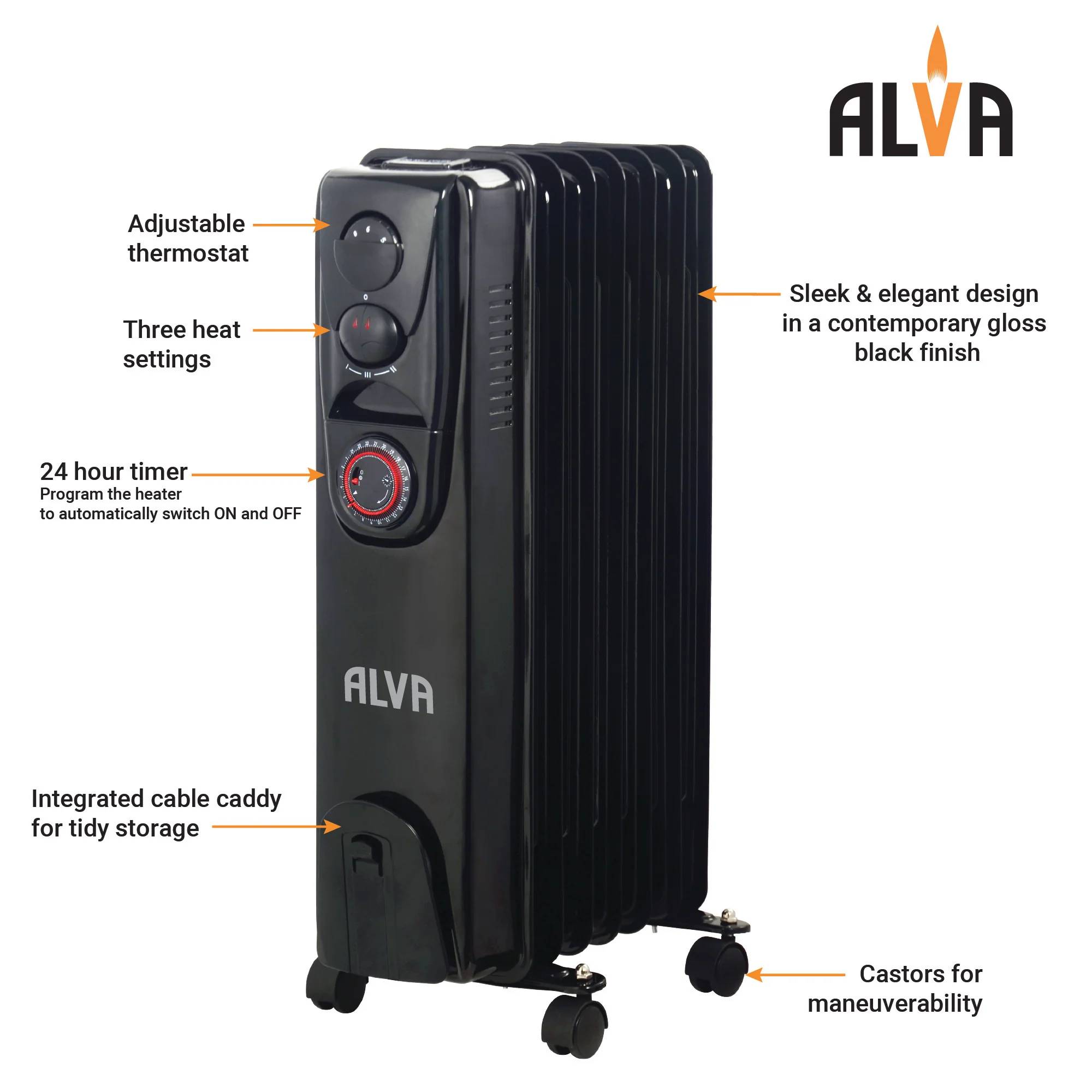 ALVA AOH202-9 Fins 2000W Oil Filled Heater Glossy Black - with Timer - Image 3
