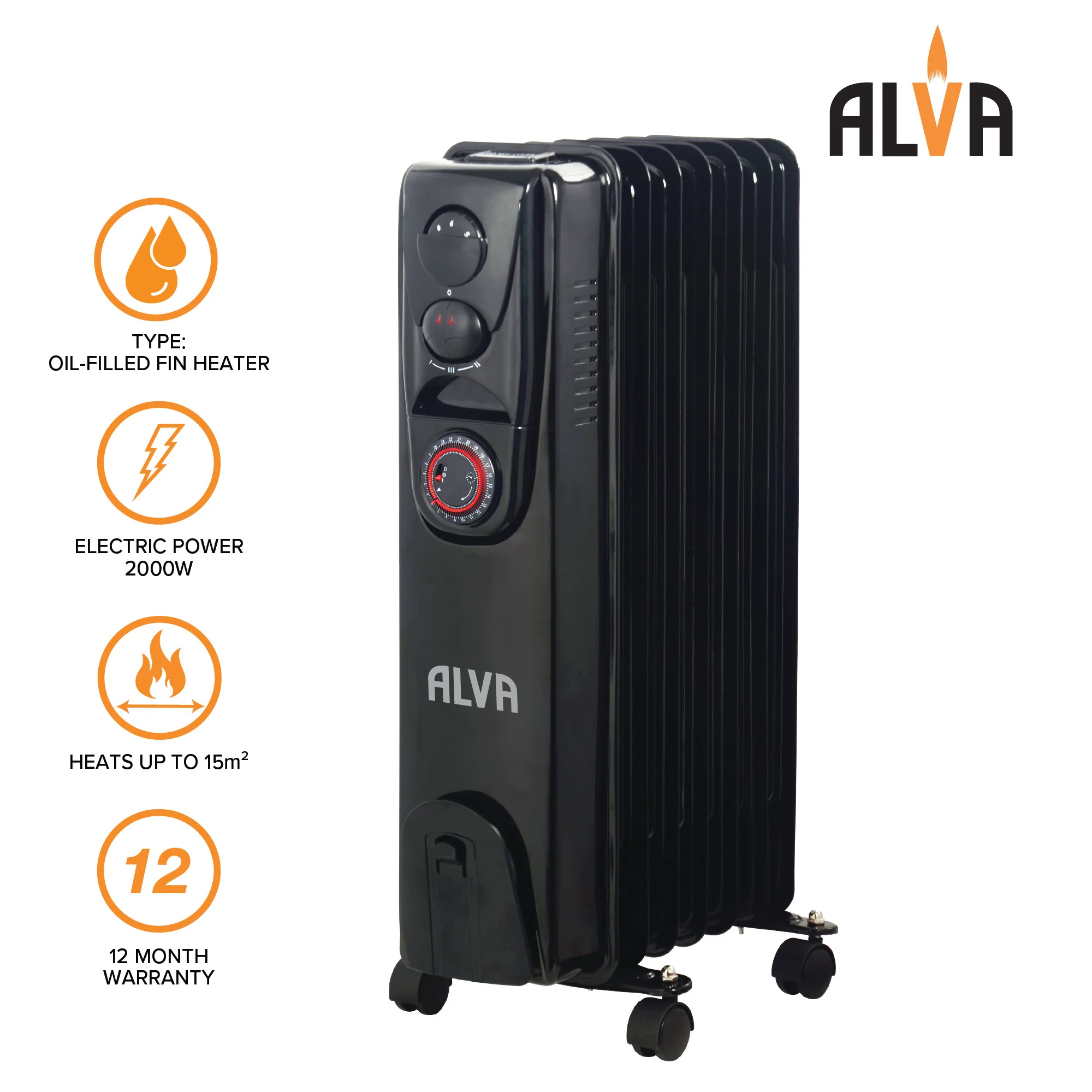 ALVA AOH202-9 Fins 2000W Oil Filled Heater Glossy Black - with Timer - Image 2
