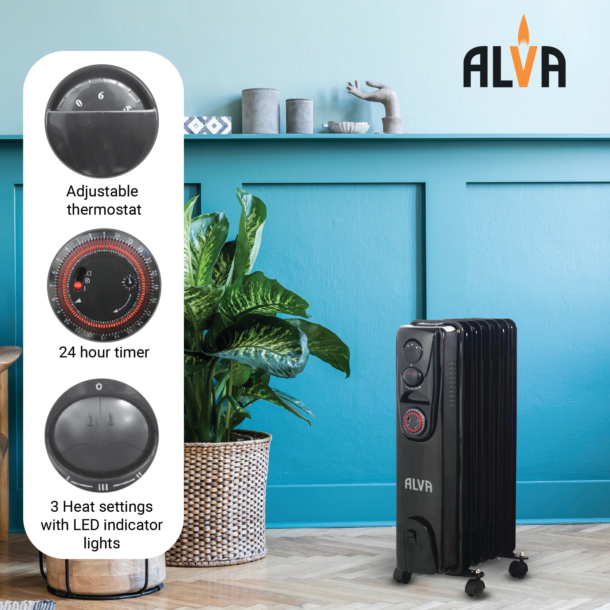 ALVA AOH202-9 Fins 2000W Oil Filled Heater Glossy Black - with Timer - Image 6