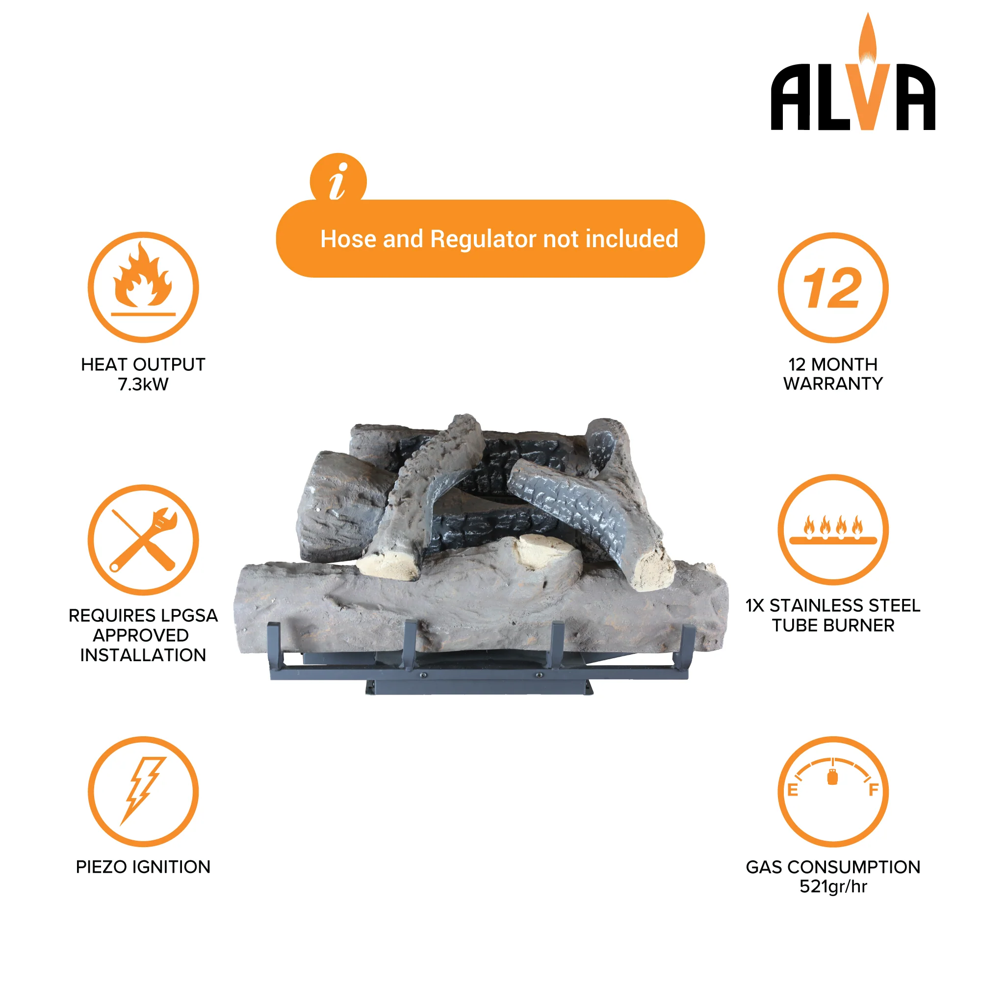 ALVA GFP100 Log Fireplace Gas Heater 520MM Wide - Image 2