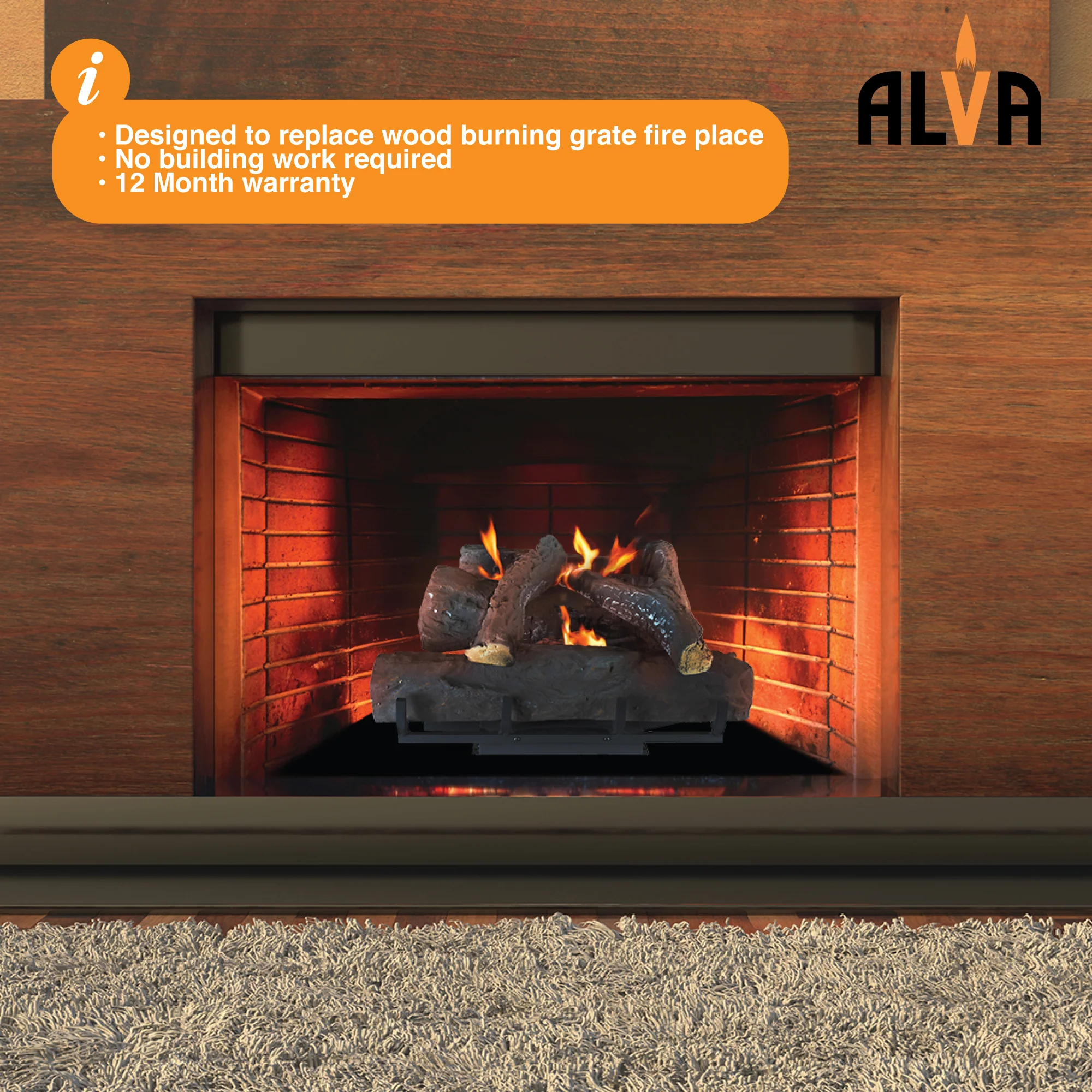 ALVA GFP100 Log Fireplace Gas Heater 520MM Wide - Image 5
