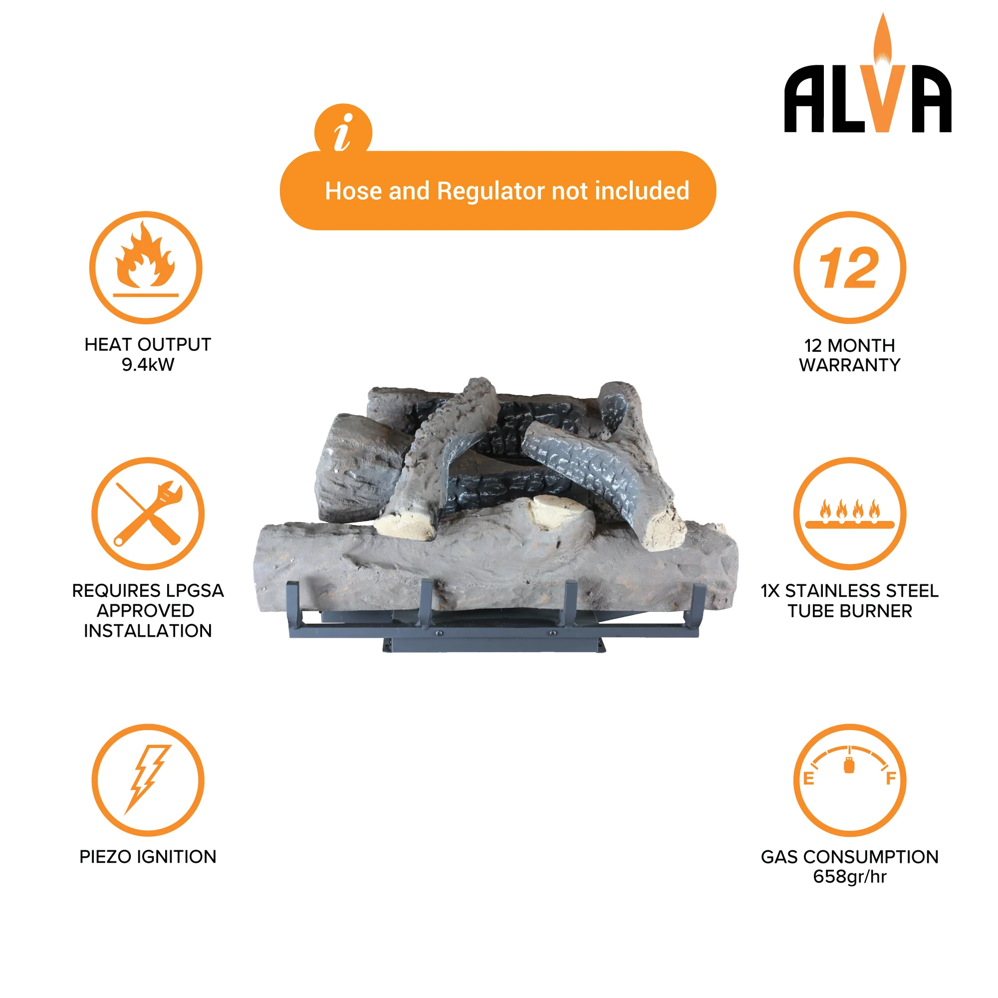 ALVA GFP101 Log Fireplace Gas Heater 670MM Wide - Image 2