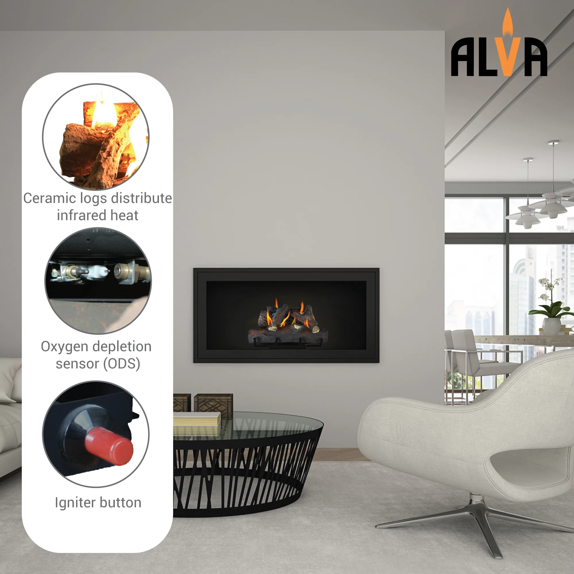ALVA GFP101 Log Fireplace Gas Heater 670MM Wide - Image 5
