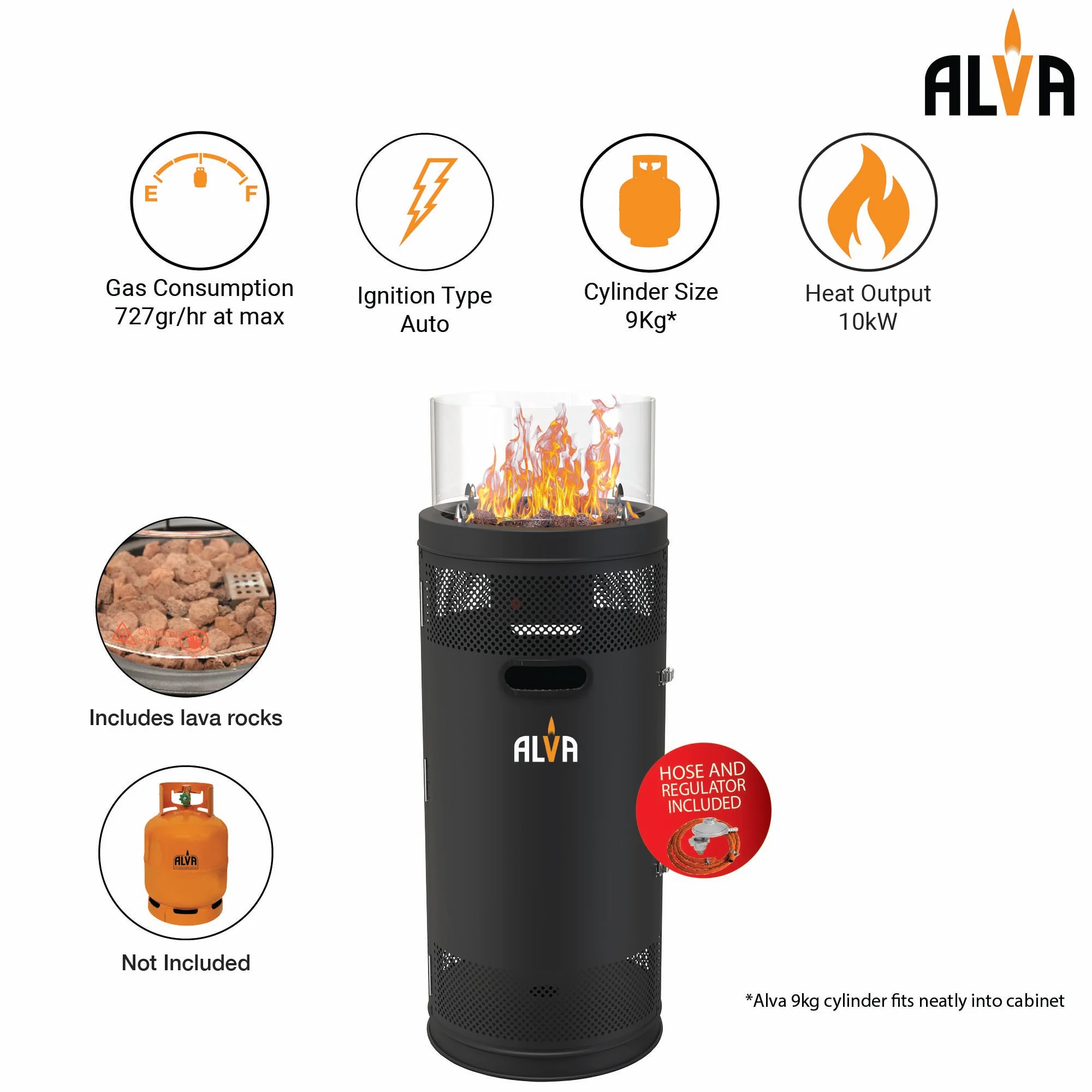 ALVA GHP38 Gas Short Stand Firepit Patio Heater (with lava Stones) - Image 4
