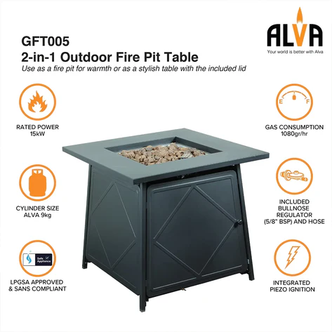 ALVA GFT005 Gas Firetable with Lava Rocks & Lid - Image 6